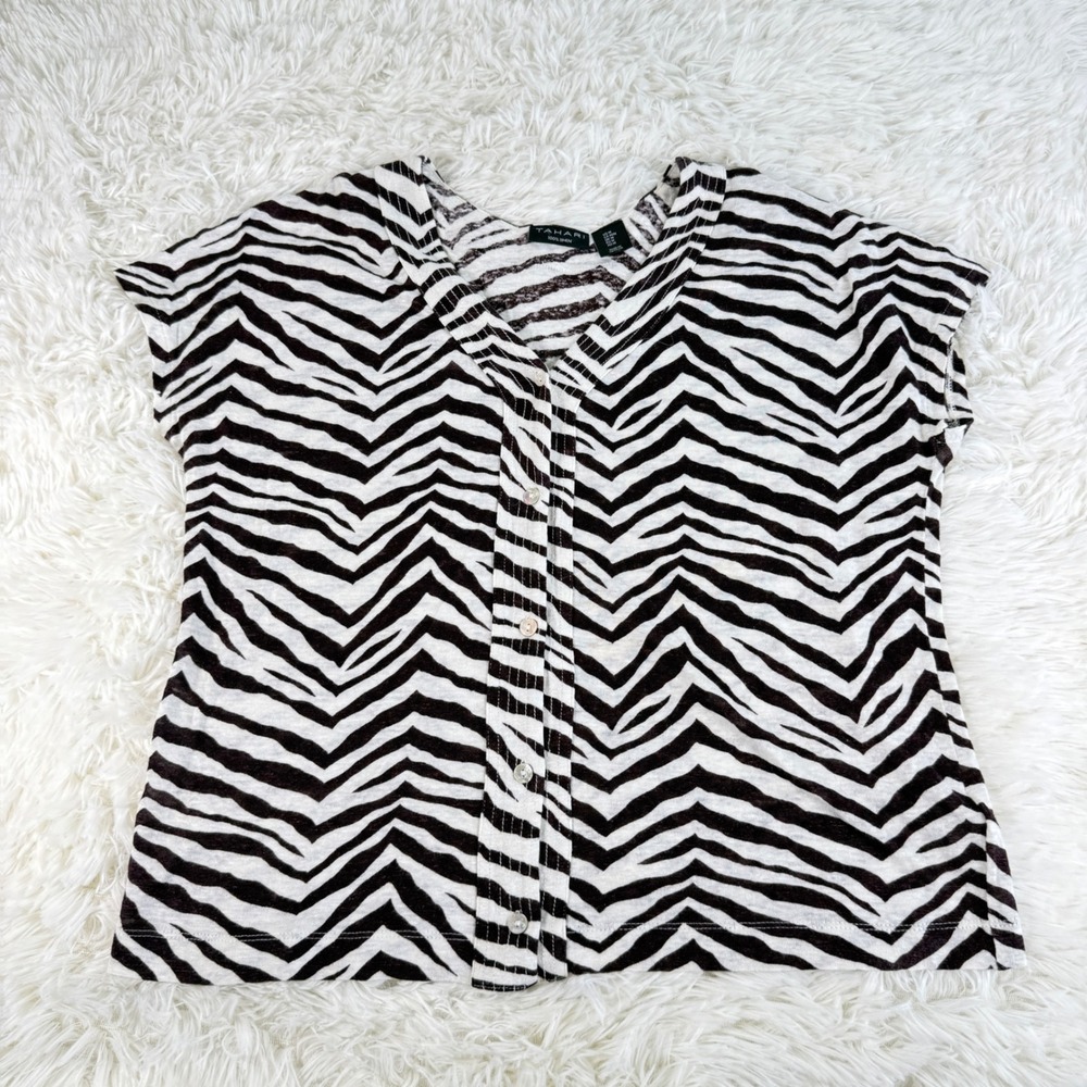Tahari Linen Brown Zebra Print Short Sleeve Button Up V Neck Top Medium Festival